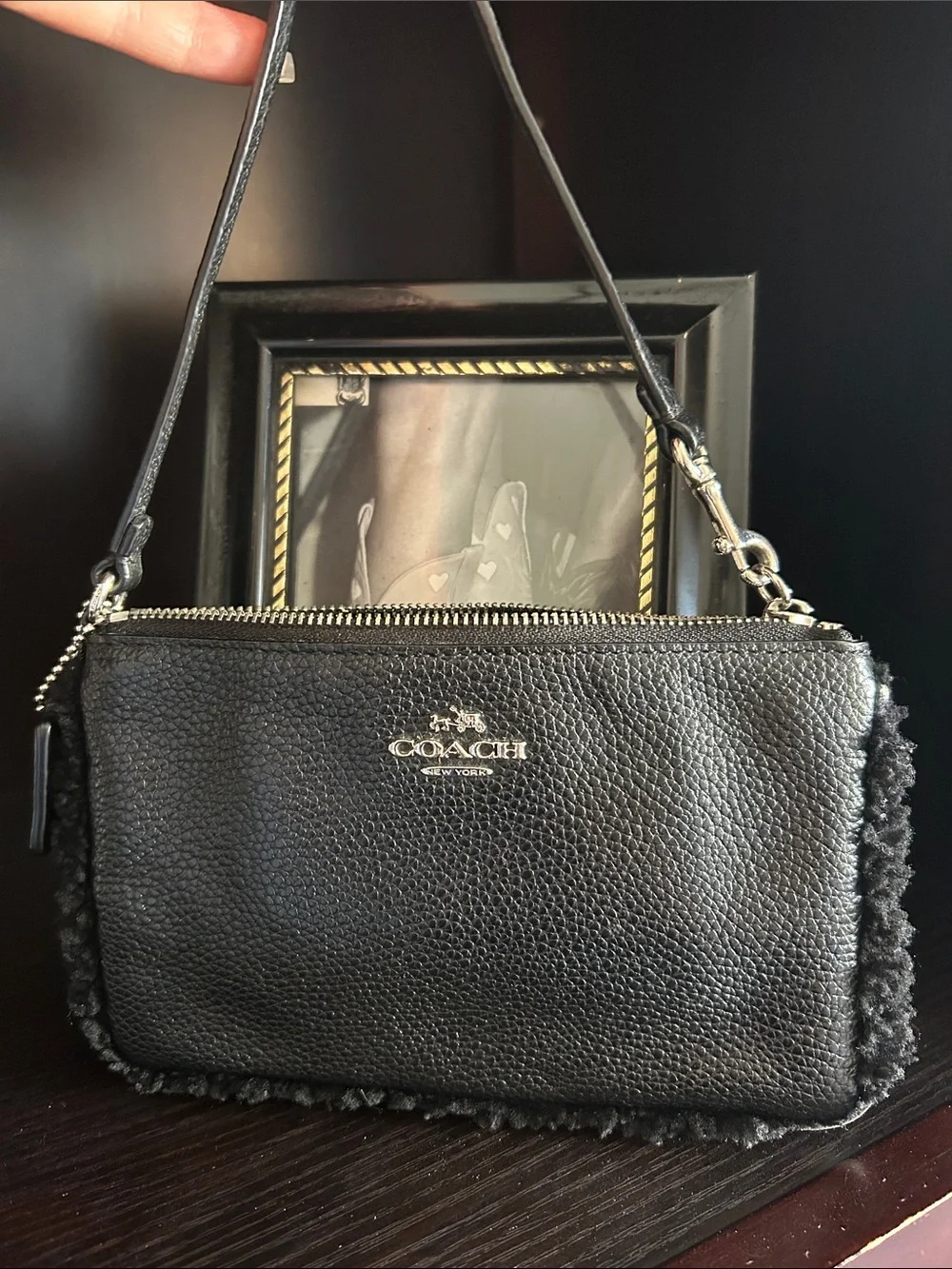 Coach Black Pebbled Leather Wristlet with Shearling Edge